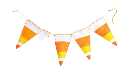 Candy corn-themed bunting with stitched patterns background isolated on a Transparent background, PNG file.
