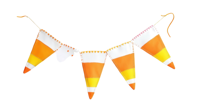 Candy corn-themed bunting with stitched patterns background isolated on a Transparent background, PNG file.