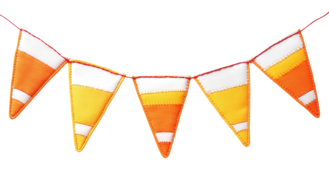 Candy corn-themed bunting with stitched patterns background isolated on a Transparent background, PNG file.