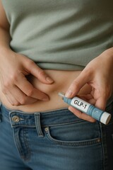 A person self-injects semaglutide medication into their belly using an injector pen. The pen is labeled with GLP-1 and is used for weight loss treatment