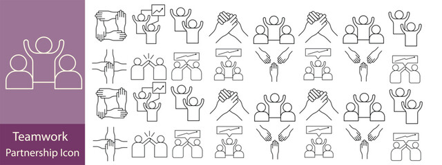 Business teamwork icon set. Containing team working together, partnership, work group, agreement, handshake, support, structure hierarchy, collaboration, co-worker, cooperation. vector illustration