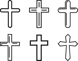 Collection of Simple Black Line Cross Icons: Religious, Minimalist, Vector Graphics.