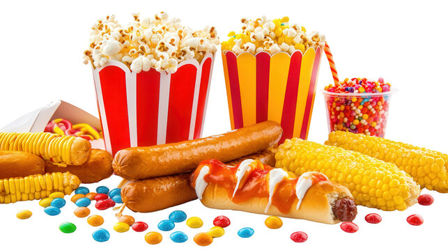 Carnival food stand menu with popcorn, corn dog, and candy art background isolated on a Transparent background, PNG file.