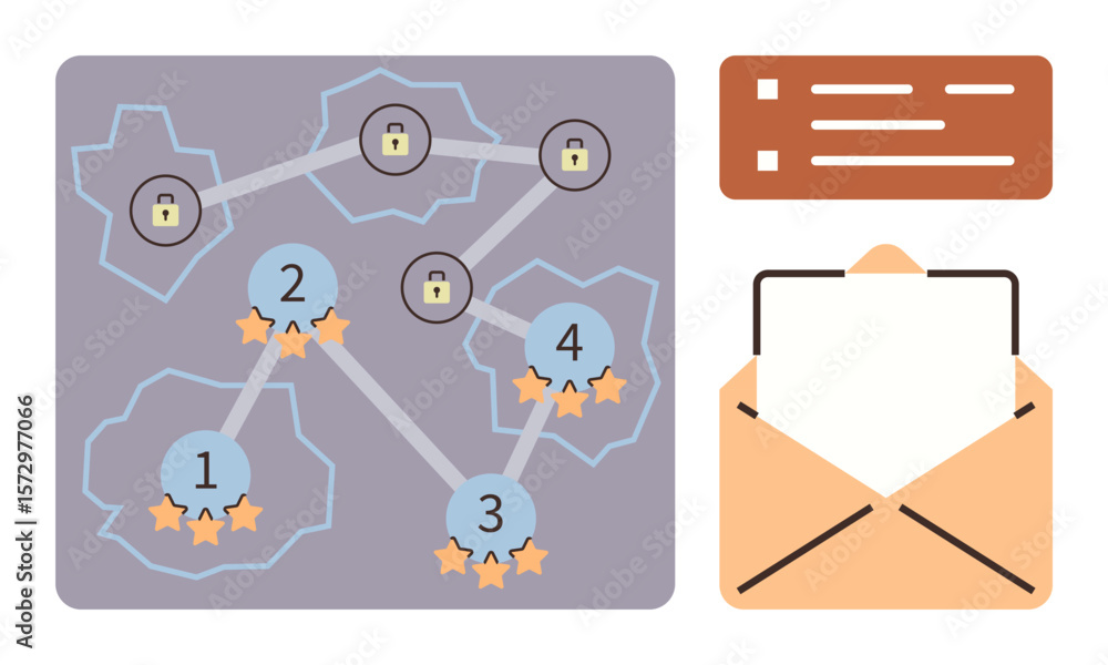 Aufkleber visualization of secure network connections with locks and stars, email envelope, and checklist. ide