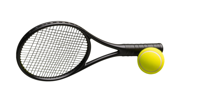 Sleek black tennis racket with a vibrant yellow ball isolated on transparent background