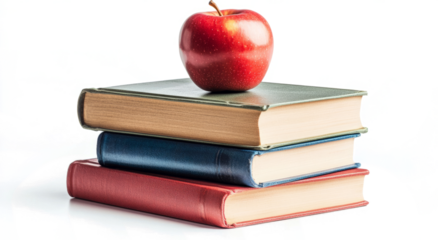stack of books with apple isolated transparent background