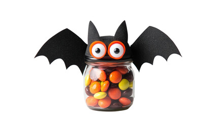DIY Halloween candy jar with bat wings and googly eyes background isolated on a Transparent background, PNG file.