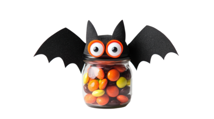 DIY Halloween candy jar with bat wings and googly eyes background isolated on a Transparent background, PNG file.