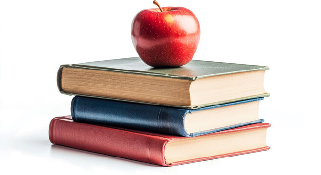 stack of books with apple isolated transparent background