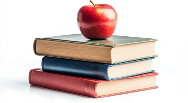 stack of books with apple isolated transparent background