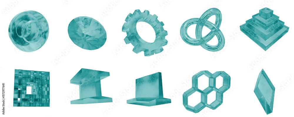 Poster set of 3d objects blue frosted ice isolated on a transparent background. object index from 41 to 50.