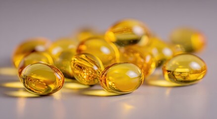 Golden capsules clustered on plain surface; for health & wellness, blurry background