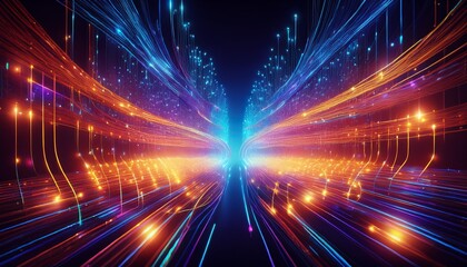 Fototapeta premium digital connectivity nexus vibrant cables converge on a central illuminated hub portraying dynamic data flow and intricate technological connections it symbolizes the heart of communication