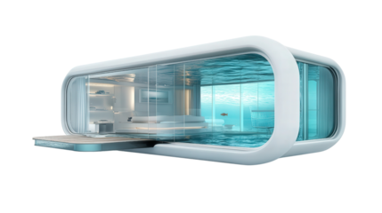 Futuristic underwater home concept with transparent walls background isolated on a Transparent background, PNG file.
