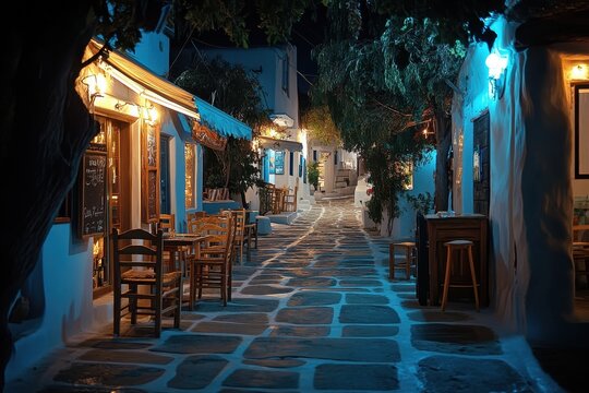 Fototapeta Explore the romantic night atmosphere of Mykonos with charming streets and vibrant lights, Night view of greek island Mykonos romantic travel destination in Greece