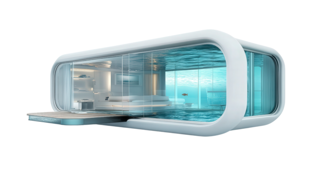 Futuristic underwater home concept with transparent walls background isolated on a Transparent background, PNG file.