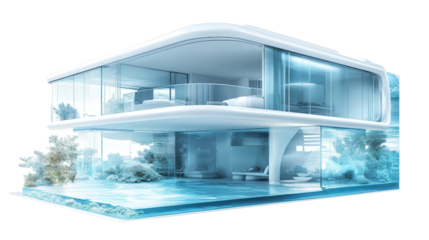 Futuristic underwater home concept with transparent walls background isolated on a Transparent background, PNG file.