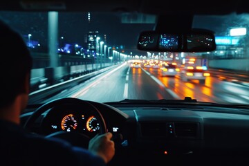 Driving on a national road at night with vibrant city lights and reflections on wet pavement, Driving on the national road