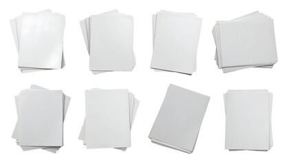 Eight Stacks of White Paper Sheets Arranged in Various Angles.