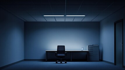 Empty Office at Night Desk and Chair.