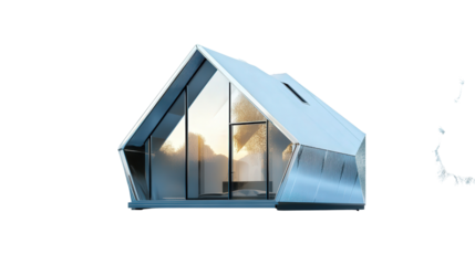 Geometric polygon house with reflective metal walls background isolated on a Transparent background, PNG file.