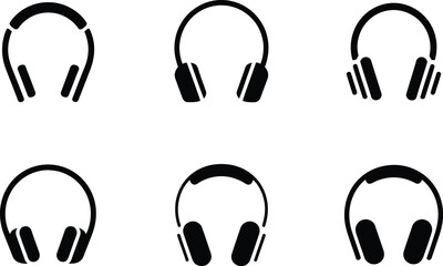 Six Stylish Black Headphone Icons: Minimalist, Modern, Music Technology Vector Graphics.