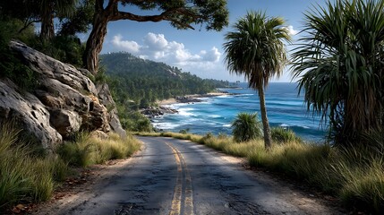 A straight road through a jungle clearing, ocean visible at the horizon, surrounded by lush growth. 