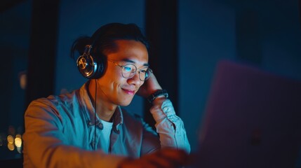 Young Asian businessman typing while enjoying music in headphones