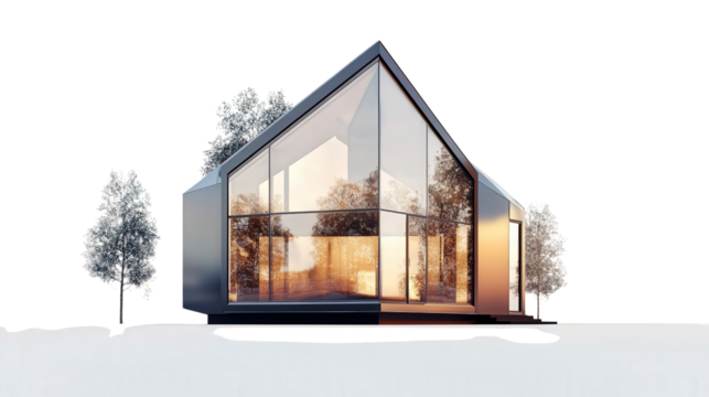 Geometric polygon house with reflective metal walls background isolated on a Transparent background, PNG file.