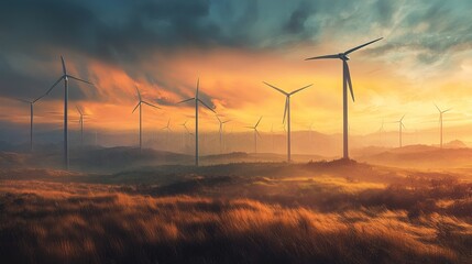 Fototapeta premium Dramatic sunset over a field of wind turbines, creating a powerful image of renewable energy and environmental sustainability