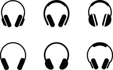 Six Simple Black Headphone Icons: Minimalist, Modern, Music Technology Vector Graphics.