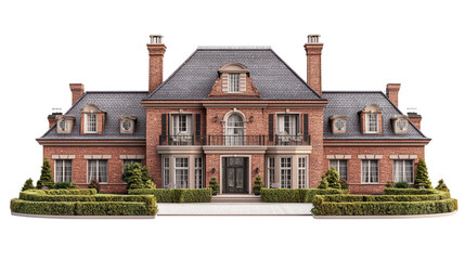Classic brick mansion with garden patio and chimney background isolated on a Transparent background, PNG file.