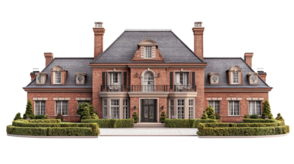 Classic brick mansion with garden patio and chimney background isolated on a Transparent background, PNG file.