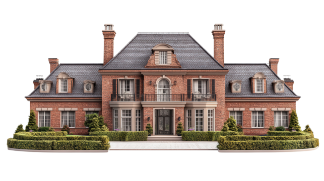 Classic brick mansion with garden patio and chimney background isolated on a Transparent background, PNG file.