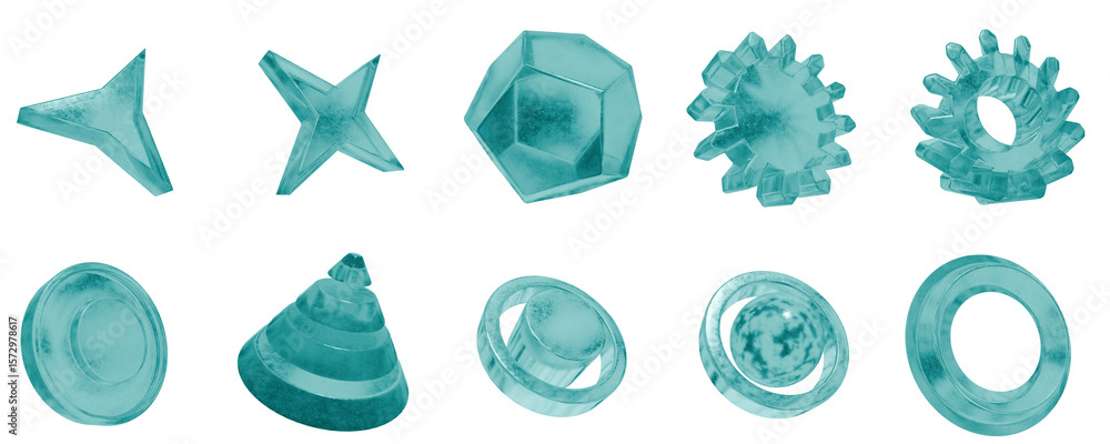 Poster set of 3d objects blue frosted ice isolated on a transparent background. object index from 51 to 60.
