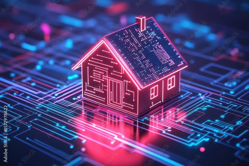 Poster exploring modern smart home systems with advanced digital technology in a vibrant and isolated backg
