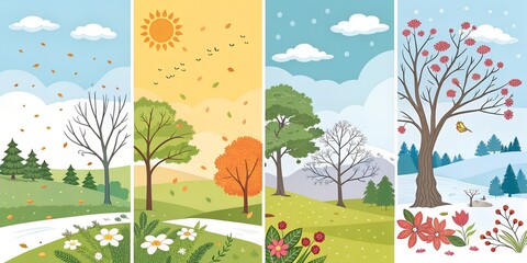 The four seasons are depicted in a colorful landscape illustration
