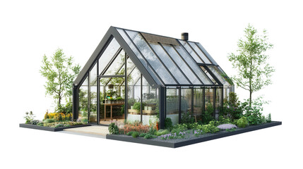 Greenhouse home hybrid with self-sufficient farm space background isolated on a Transparent background, PNG file.