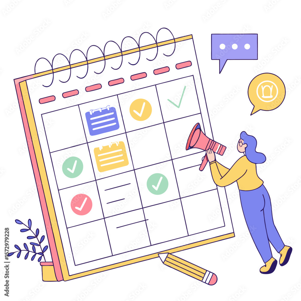 Poster a woman with a megaphone announces tasks and events on a large calendar with checkmarks and notes sy