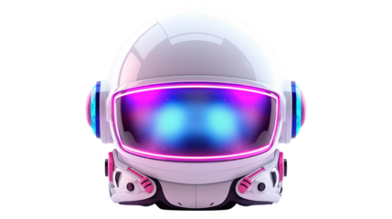 Futuristic spaceman helmet boasts a shiny white exterior and vibrant neon visor isolated on transparent background