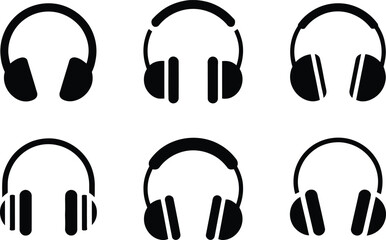 Six Stylish Black Headphone Icons: Minimalist, Modern, Music Technology Vector Graphics.
