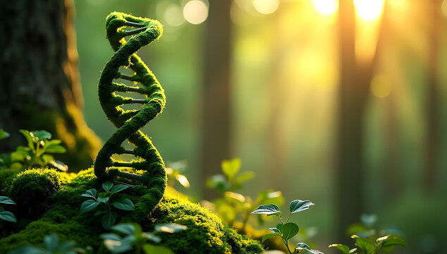 A mosscovered dna helix stands in a sunlit forest, symbolizing the genetic blueprint of nature