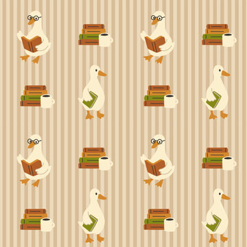 Vintage Hand-Drawn Whimsical Duck Book Seamless Pattern on Brown stipe background