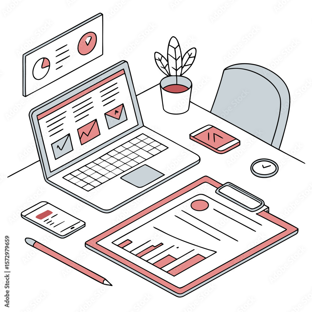 Poster modern isometric office desk setup with laptop displaying charts and graphs clipboard with financial