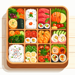 Overhead Bento Box Presentation with Assorted Dishes on White Wooden Surface