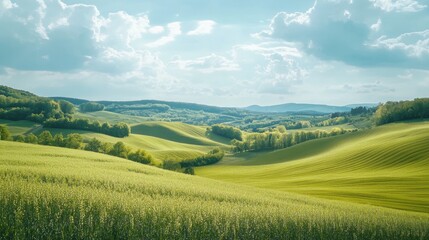 Obraz premium Rolling Green Hills Sunny Day Landscape.