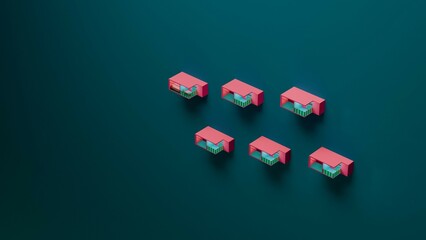 Pink and green small houses with glass balconies on dark blue background