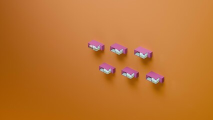 Pink and green small houses with glass balconies on orange background