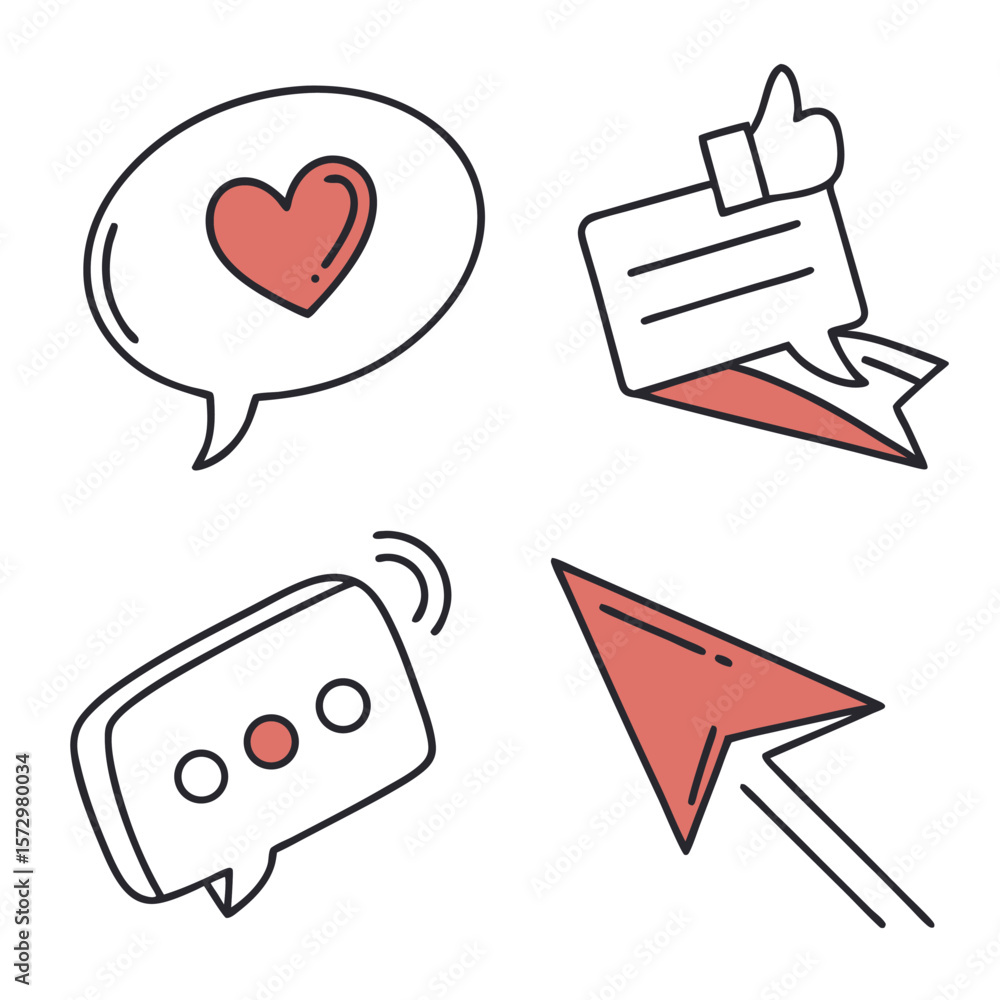 Poster four hand drawn icons representing social media communication and interaction including a speech bub