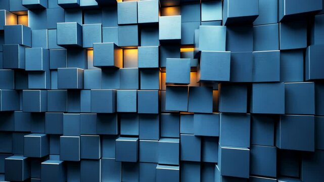 Abstract blue cube wall with illuminated sections creating a modern, artistic ambiance